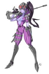 Rule 34 | 1girl, bigdead, bodysuit, breasts, center opening, colored skin, holding, holding weapon, long hair, overwatch, overwatch 1, ponytail, purple skin, sniper, solo, weapon, widowmaker (overwatch)