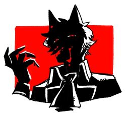 Rule 34 | 1boy, animal ears, ascot, blood, blood on face, blood on hands, collared coat, eyes in shadow, hand up, looking at viewer, male focus, original, red background, red eyes, rra (yj), short hair, slit pupils, solo, spot color, upper body, wolf boy, wolf ears