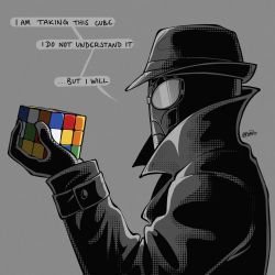 Rule 34 | 1boy, black coat, black gloves, black headwear, coat, commentary, english commentary, fedora, from side, gloves, grey background, hand up, hat, high collar, holding, long sleeves, male focus, marvel, nymika, profile, rubik&#039;s cube, simple background, speech bubble, spider-man: into the spider-verse, spider-man (series), spider-man noir, spider-verse, upper body