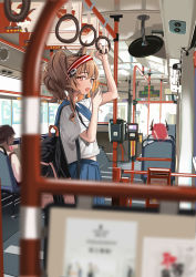 Rule 34 | 1boy, 2girls, absurdres, angelina (arknights), animal ears, arknights, arm up, auguste, backpack, bag, black bag, blouse, blue sailor collar, blue skirt, blurry, blurry foreground, brown hair, bus interior, depth of field, fox ears, from side, hairband, highres, long hair, looking at viewer, looking to the side, multiple girls, open mouth, pleated skirt, red eyes, red hairband, sailor collar, school uniform, serafuku, shirt, short sleeves, skirt, solo focus, standing, surtr (arknights), thorns (arknights), twintails, white shirt, yawning