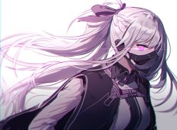 Rule 34 | 1girl, ak-12 (girls&#039; frontline), artificial eye, black ribbon, braid, breasts, cloak, covered mouth, floating hair, french braid, gas mask, girls&#039; frontline, glowing, glowing eyes, headset, jacket, long hair, looking at viewer, mask, mechanical eye, medium breasts, ponytail, purple eyes, ribbon, shirt, sidelocks, silence girl, silver hair, simple background, solo, torn clothes, very long hair, white background