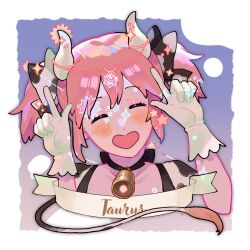 Rule 34 | 1girl, animal print, bell, border, closed eyes, collarbone, constellation, cow horns, cow print, cow tail, cowbell, cropped shoulders, facing viewer, gloves, hair between eyes, hair ornament, hair ribbon, highres, horns, kaname madoka, mahou shoujo madoka magica, mahou shoujo madoka magica (anime), open mouth, personification, ribbon, smile, solo, star (symbol), tail, taurus (constellation), taurus (zodiac), text focus, twintails, white border, white gloves, yooki (winter cakes), zodiac