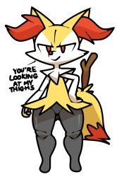 Rule 34 | 1girl, animal ear fluff, animal ears, animal nose, black fur, body fur, braixen, closed mouth, creatures (company), english text, female focus, flat chest, fox ears, fox girl, fox tail, full body, game freak, gen 6 pokemon, gluteal fold, groin, half-closed eyes, hand on own hip, happy, jaggy lines, nintendo, no pussy, pokemon, pokemon (creature), red eyes, shiny skin, simple background, smile, snout, solo, standing, stick, tail, talking, thick thighs, thighs, vilepluff, white background, white fur, wide hips, yellow fur