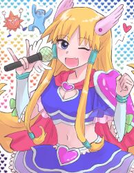 Rule 34 | 1girl, absurdres, armor, blonde hair, blue eyes, blue skirt, bobobo-bo bo-bobo, breasts, capelet, cleavage, cowboy shot, crop top, denbo, heart, highres, holding, holding microphone, large breasts, layered skirt, long hair, looking at viewer, low-tied sidelocks, microphone, midriff, navel, non-web source, open mouth, pauldrons, red capelet, shoulder armor, skirt, smile, thighhighs, wing hair ornament