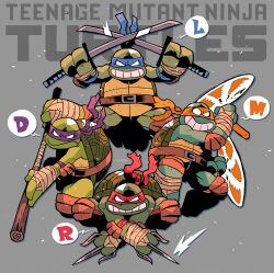 Rule 34 | 4boys, absurdres, copyright name, donatello (tmnt), dual wielding, highres, holding, holding sword, holding weapon, katana, leonardo (tmnt), male focus, mask, michelangelo (tmnt), mixed-language commentary, multiple boys, ninja, nunchaku, raphael (tmnt), rariatto (ganguri), sai (weapon), smile, staff, sword, teenage mutant ninja turtles, teenage mutant ninja turtles (80s), turtle, weapon, white eyes