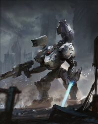 Rule 34 | armored core, armored core 6, cloud, cloudy sky, energy sword, full body, glowing, glowing eye, grey sky, gun, highres, holding, holding gun, holding weapon, mecha, mecha focus, miso katsu, missile pod, no humans, outdoors, red eyes, rifle, robot, science fiction, sky, standing, sword, weapon