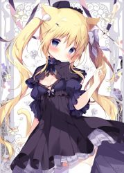 Rule 34 | 1girl, animal ear fluff, animal ears, black dress, black hat, blonde hair, blush, bow, cat ears, cat girl, cat tail, closed mouth, commentary request, dress, floral background, hair between eyes, hair bow, hair ornament, hand up, hat, head tilt, korone (shiratama), long hair, looking at viewer, mini hat, original, pleated dress, puffy short sleeves, puffy sleeves, purple bow, purple eyes, shiratama (shiratamaco), short sleeves, sidelocks, smile, solo, star (symbol), star hair ornament, tail, thighhighs, twintails, very long hair, white thighhighs, wide sleeves