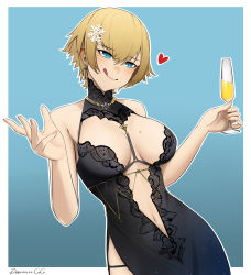 Rule 34 | 1girl, :q, artist name, bare arms, bare shoulders, black dress, blonde hair, blue eyes, blush, breasts, cleavage cutout, clothing cutout, cowboy shot, darkpulsegg, dress, drink, dutch angle, girls&#039; frontline, hair ornament, heart, highres, holding, large breasts, mole, mole on breast, mole under eye, official alternate costume, parted lips, short hair, side slit, simple background, sleeveless, snowflake hair ornament, thigh strap, tongue, tongue out, vsk-94 (girls&#039; frontline), vsk-94 (night on the silver bay) (girls&#039; frontline)