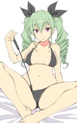 Rule 34 | 1girl, absurdres, anchovy (girls und panzer), bad id, bad twitter id, barefoot, bed sheet, bikini, black bikini, black ribbon, breasts, closed mouth, drill hair, girls und panzer, green hair, hair ribbon, highres, holding, holding riding crop, iwami kyuuto, leaning back, long hair, looking at viewer, medium breasts, navel, on bed, red eyes, ribbon, riding crop, sexually suggestive, sitting, skindentation, smile, solo, spread legs, string bikini, swimsuit, twin drills, twintails, white background