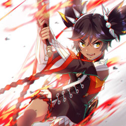 1girl, black dress, black hair, dress, eyeshadow, fire, flat chest, floating hair, genshin impact, highres, holding, holding sword, holding weapon, is ii, light blush, looking to the side, makeup, motion blur, multicolored hair, open mouth, red eyeshadow, red hair, slashing, solo, streaked hair, sword, twintails, v-shaped eyebrows, weapon, xinyan (genshin impact)