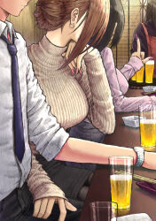 Rule 34 | 1boy, 3girls, absurdres, alcohol, apron, aramachi, beer, black hair, breasts, brown hair, commentary request, fingernails, formal, grey sweater, hand on another&#039;s thigh, highres, large breasts, looking at another, multiple girls, nail polish, original, purple shirt, red apron, restaurant, ribbed sweater, shirt, sweater