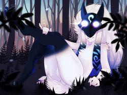 Rule 34 | 1girl, rabbit, colored skin, dollachan, forest, glowing, glowing eyes, highres, kindred (league of legends), league of legends, long ears, mask, nature, tail, white hair, white skin, wolf