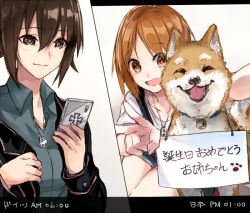 Rule 34 | 1girl, bad id, bad twitter id, black jacket, brown eyes, brown hair, casual, cellphone, closed mouth, commentary, cross, dog, dog tags, dress shirt, dressing, girls und panzer, grey shirt, holding, holding phone, iron cross, jacket, long hair, looking at viewer, niedersachsen military uniform, nishizumi maho, nishizumi miho, open clothes, open jacket, open mouth, overall shorts, overalls, paw print, phone, selfie, shiba inu, shirt, short hair, short sleeves, siblings, sisters, sitting, smartphone, smile, translated, v, white shirt, wing collar, yuuyu (777)