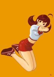 Rule 34 | 1girl, ahoge, artist name, bare legs, crop top, female focus, full body, heart, highres, kobayashi yuji, legs, looking at viewer, midriff, miniskirt, navel, no socks, red skirt, simple background, skirt, smile, solo