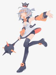 Rule 34 | 1girl, :d, ahoge, armpits, black footwear, boots, breasts, brown eyes, cleavage, crown, daizu (melon-lemon), detached sleeves, fang, female focus, from side, full body, gradient eyes, grey background, grey hair, highres, holding, holding weapon, leg lift, looking at viewer, mace, mini crown, multicolored eyes, no nose, open hand, open mouth, original, outstretched arm, short hair, simple background, skin fang, small breasts, smile, solo, spike ball, spiked mace, spikes, tareme, thigh boots, thighhighs, weapon, wide sleeves
