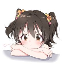 Rule 34 | 1girl, akagi miria, arms on table, black hair, blush, caracorn, clenched hand, closed mouth, crossed arms, expressionless, flower, hair flower, hair ornament, head rest, idolmaster, idolmaster cinderella girls, looking at viewer, shirt, simple background, sleeveless, sleeveless shirt, solo, two side up, white background