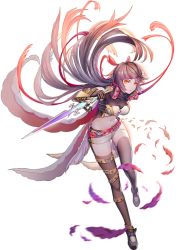 Rule 34 | 1girl, belt, black footwear, black thighhighs, breasts, brown hair, brown thighhighs, feathers, full body, hair ribbon, holding, holding sword, holding weapon, leg belt, long hair, looking at viewer, lycoris (rastar), medium breasts, midriff, navel, official art, rastar, red ribbon, ribbon, short shorts, shorts, solo, standing, standing on one leg, sword, thighhighs, transparent background, very long hair, weapon, white shorts, yellow eyes