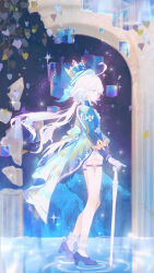 Rule 34 | 1girl, ahoge, black footwear, blue bow, blue eyes, blue hair, blue hat, blue jacket, bow, closed mouth, from side, full body, furina (genshin impact), genshin impact, gloves, hair between eyes, hat, highres, holding, holding sword, holding weapon, jacket, light blue hair, long hair, multicolored hair, sidelocks, socks, solo, sparkle, standing, standing on liquid, streaked hair, sword, top hat, two-tone hair, water, weapon, white gloves, white hair, white socks, xiaoxiaoanye