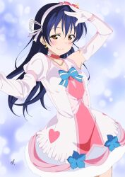 Rule 34 | 1girl, blue bow, blue hair, bokutachi wa hitotsu no hikari, bow, brown eyes, closed mouth, collarbone, commentary request, crescent, crescent earrings, dress, earrings, elbow gloves, gloves, highres, jewelry, looking at viewer, love live!, love live! school idol project, nagi mkrnpn, sidelocks, signature, smile, solo, sonoda umi, upper body, white dress, white gloves