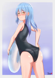 Rule 34 | 1girl, adjusting clothes, adjusting swimsuit, ass, black one-piece swimsuit, blue hair, blush, dated, float, highres, long hair, looking at viewer, old school swimsuit, one-piece swimsuit, rimuru tempest, school swimsuit, sweat, swimsuit, tensei shitara slime datta ken, tetupong, yellow eyes