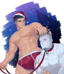Rule 34 | 2boys, abs, antlers, bara, bell, blue eyes, blush, boxer briefs, bulge, bursting pectorals, christmas, collar, colored skin, facial hair, goatee, hand on another&#039;s head, hat, highres, horns, hunterkay, large pectorals, leash, male focus, male underwear, mature male, multiple boys, muscular, muscular male, navel, neck bell, nipples, original, pectorals, red collar, reindeer antlers, santa hat, short hair, sideburns, smile, snowing, stomach, thick thighs, thighs, undercut, underwear, underwear only, white skin, yaoi