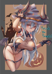 Rule 34 | 10s, 1girl, arm strap, bat (animal), black gloves, border, breasts, castle, chestnut mouth, chiwa (tsugumisky), colo mag-chan, covered navel, demon wings, english text, garter straps, gloves, gluteal fold, granblue fantasy, groin, hair between eyes, halloween, hat, highres, horns, jack-o&#039;-lantern, large breasts, leaning forward, long hair, looking at viewer, orange eyes, original, outside border, silhouette, silver hair, star (symbol), star print, thigh gap, thighhighs, triangle mouth, trick or treat, very long hair, wings, witch hat