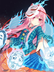 Rule 34 | 1girl, blue shirt, bow, bowtie, brown skirt, closed mouth, collared shirt, expressionless, fox mask, hannya, hata no kokoro, highres, hitodama, hum (ten ten), long hair, long sleeves, looking at viewer, mask, mask on head, pink bow, pink bowtie, pink eyes, pink hair, plaid, plaid shirt, shirt, skirt, solo, tassel, touhou, very long hair
