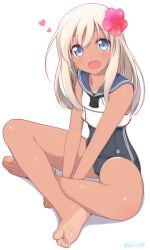 Rule 34 | 10s, 1girl, :d, bare legs, bare shoulders, barefoot, blonde hair, blue eyes, crop top, feet, flower, full body, hair flower, hair ornament, heart, hibiscus, highres, indian style, kantai collection, long hair, looking at viewer, neckerchief, open mouth, ro-500 (kancolle), ruton-niki, sailor collar, school swimsuit, simple background, sitting, smile, soles, solo, swimsuit, swimsuit under clothes, tan, tanline, thighs, toes, twitter username, white background