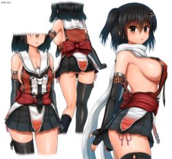 Rule 34 | 1girl, alternate breast size, asymmetrical legwear, black gloves, black hair, black skirt, black socks, breasts, brown eyes, buttons, collarbone, commentary request, covered erect nipples, double-breasted, elbow gloves, facing away, fingerless gloves, from behind, gloves, hair ornament, highres, kantai collection, kinnan, kneehighs, large breasts, md5 mismatch, miniskirt, multiple views, neckerchief, nib pen (medium), no bra, open mouth, panties, pink panties, pleated skirt, resolution mismatch, revision, scarf, school uniform, sendai (kancolle), sendai kai ni (kancolle), serafuku, side-tie panties, side-tie peek, sideboob, single thighhigh, skirt, socks, source larger, standing, thighhighs, traditional media, two side up, underwear, uneven legwear, white scarf