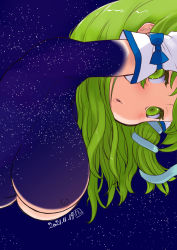 Rule 34 | 1girl, armpits, breasts, dated, detached sleeves, green eyes, green hair, hair ornament, hair tubes, hanging breasts, japanese clothes, kei jiei, kochiya sanae, large breasts, looking at viewer, miko, nipples, nontraditional miko, signature, sky, snake, snake hair ornament, solo, star (sky), starry sky, topless, touhou, see-through body
