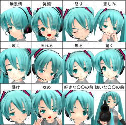 Rule 34 | 1girl, 3d, angry, aqua eyes, aqua hair, blush, crying, embarrassed, expressions, gun, happy, hatsune miku, headphones, headset, looking at viewer, mikumikudance (medium), multiple views, one eye closed, sad, simple background, smile, tears, translation request, twintails, upper body, vocaloid, weapon, white background, wink