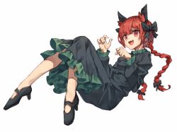 Rule 34 | 1girl, :d, animal ear fluff, animal ears, black bow, black dress, black footwear, bow, braid, breasts, cat ears, collar, collared dress, commentary request, dress, fang, frilled collar, frilled dress, frilled sleeves, frills, green dress, hair bow, hands up, high heels, highres, juliet sleeves, kaenbyou rin, long hair, long sleeves, lying, no tail, on back, open mouth, paw pose, puffy sleeves, red eyes, red hair, simple background, skin fang, small breasts, smile, solo, touhou, twin braids, two-tone dress, white background, yanyan (shinken gomi)