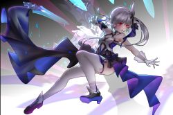 Rule 34 | 1girl, :o, absurdres, armpits, bare shoulders, black footwear, breasts, dress, fabit s, fighting stance, floating, floating object, floating sword, floating weapon, full body, gloves, hair between eyes, hair ornament, highres, honkai (series), honkai impact 3rd, looking to the side, open mouth, red eyes, shoes, side ponytail, sleeveless, sleeveless dress, small breasts, solo, sword, theresa apocalypse, theresa apocalypse (twilight paladin), thighhighs, v-shaped eyebrows, weapon, white gloves, white hair, white thighhighs