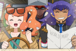 Rule 34 | 1girl, 2boys, :d, baseball cap, blurry, blush, brown coat, buttons, car interior, champion uniform, clenched hand, coat, commentary request, creatures (company), dark-skinned male, dark skin, driving, emphasis lines, eyelashes, closed eyes, eyewear on head, facial hair, facing viewer, game freak, gloves, green nails, green shirt, grin, hair ornament, hat, headband, heart, heart hair ornament, highres, holding, leon (pokemon), long hair, map, multiple boys, nail polish, naoto (yandereheaven), nervous, nintendo, open mouth, orange hair, orange headband, partially fingerless gloves, pokemon, pokemon (anime), pokemon journeys, purple hair, raihan (pokemon), ribbed shirt, shaded face, shirt, side ponytail, single glove, smile, sonia (pokemon), sparkle, sunglasses, sweat, teeth, tongue