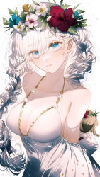 Rule 34 | 1girl, anastasia (fate), anastasia (swimsuit archer) (second ascension) (fate), arms behind back, blue eyes, blue flower, blush, braid, breasts, cleavage, closed mouth, collarbone, commentary request, cowboy shot, doll, dress, fate/grand order, fate (series), flower, flower wreath, head wreath, hibiscus, highres, large breasts, long hair, looking at viewer, majamari, red flower, silver hair, simple background, sleeveless, sleeveless dress, smile, solo, twin braids, viy (fate), white background, white dress, white flower