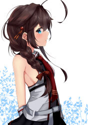 Rule 34 | 1girl, absurdres, ahoge, arms behind back, black gloves, black shirt, black skirt, blue eyes, bow, braid, breasts, brown hair, collared shirt, commentary request, floral background, from side, gloves, grey shirt, hair bow, hair flaps, hair ornament, hair over shoulder, hairpin, highres, himura moritaka, kantai collection, long hair, looking at viewer, medium breasts, necktie, parted lips, pleated skirt, red bow, red necktie, shigure kai san (kancolle), shirt, sideboob, simple background, single braid, skirt, sleeveless, sleeveless shirt, solo, two-tone shirt