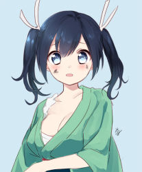 Rule 34 | 10s, 1girl, :o, blue background, blue eyes, blue hair, blush, breasts, cleavage, japanese clothes, kantai collection, large breasts, long hair, long sleeves, looking at viewer, matching hair/eyes, mirakururu, open mouth, personification, solo, souryuu (kancolle), twintails