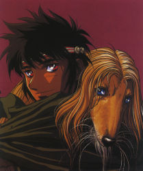 Rule 34 | 1boy, animal, blue eyes, headband, highres, official art, orson (lodoss), orson (record of lodoss war), orthon (record of lodoss war), record of lodoss war, red background, red eyes, scan, short hair, simple background, yuuki nobuteru