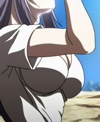 Rule 34 | 1girl, animated, animated gif, arm up, asagiri junko, bouncing breasts, breasts, cleavage, drinking, large breasts, long hair, lowres, purple hair, screencap, sunabouzu, water