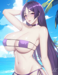 1girl absurdres arm_behind_head artist_name beach bikini blue_sky blurry blurry_background breasts choker cleavage cloud cloudy_sky collarbone covered_erect_nipples eyepatch_bikini fate/grand_order fate_(series) hair_between_eyes highres huge_breasts long_hair looking_at_viewer minamoto_no_raikou_(fate) minamoto_no_raikou_(fate/grand_order) minamoto_no_raikou_(swimsuit_lancer)_(fate) minamoto_no_raikou_(swimsuit_lancer)_(third_ascension)_(fate) navel outdoors palm_tree parted_bangs parted_lips purple_bikini purple_choker purple_eyes purple_hair side-tie_bikini_bottom signature skindentation sky smiling_embassies solo stomach swimsuit tree upper_body very_long_hair water