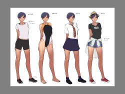 Rule 34 | 1girl, absurdres, arms behind back, bad id, bad pixiv id, barefoot, bike shorts, black hair, character sheet, clothes around waist, competition school swimsuit, denim, denim shorts, full body, hat, highres, jewelry, looking at viewer, midriff, multiple views, navel, necklace, necktie, one-piece swimsuit, oohara kyuutarou, original, pleated skirt, school swimsuit, school uniform, shirt, shirt around waist, shoes, shorts, skirt, smile, sneakers, straw hat, swimsuit, tan, tanline, tomboy, track suit