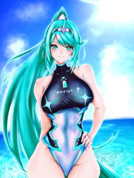 Rule 34 | 1girl, absurdres, aqua eyes, aqua hair, bare hips, beach, breasts, commentary request, competition swimsuit, earrings, gem, hair ornament, hakusai (hksicabb), headpiece, highleg, highleg swimsuit, highres, hip bones, hip focus, huge filesize, jewelry, large breasts, long hair, looking at viewer, neon trim, nintendo, ocean, one-piece swimsuit, pneuma (xenoblade), ponytail, smile, solo, spoilers, swept bangs, swimsuit, tiara, very long hair, xenoblade chronicles (series), xenoblade chronicles 2