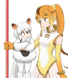 Rule 34 | 2girls, animal ears, bad id, bad pixiv id, black hair, bow, bowtie, brown hair, circlet, commentary request, crossed arms, elbow gloves, extra ears, gloves, golden snub-nosed monkey (kemono friends), gradient hair, hair between eyes, height difference, highleg, highleg leotard, highres, kemono friends, leotard, long hair, long sleeves, looking at another, multicolored hair, multiple girls, okome kogashi, open mouth, orange hair, pantyhose, ponytail, short hair, simple background, smile, southern tamandua (kemono friends), staff, tamandua ears, tamandua tail, white background, white bow, white hair, white legwear, white neckwear, yellow eyes
