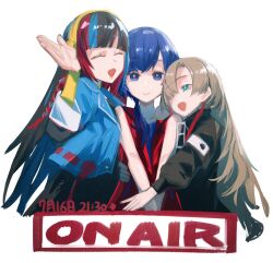 Rule 34 | 3girls, :&gt;, black coat, black hair, blue eyes, blue hair, blue jacket, blunt bangs, brown hair, closed eyes, coat, commentary request, cropped torso, english text, facing viewer, girl sandwich, green eyes, hair over one eye, hair over shoulder, hand up, harusaruhi, headphones, highres, isekai joucho, jacket, kamitsubaki studio, kuzaki ginko, long hair, long sleeves, looking at another, looking at viewer, low ponytail, multicolored eyes, multicolored hair, multiple girls, one eye covered, open mouth, red hair, red jacket, red pupils, rim (kamitsubaki studio), sandwiched, simple background, sleeveless, sleeveless jacket, smile, streaked hair, timestamp, upper body, v arms, virtual youtuber, waving, white background, yellow lips