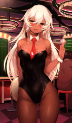 Rule 34 | 10s, 1boy, 1girl, alternate hair length, alternate hairstyle, animal ears, arm behind back, bad id, bad pixiv id, bare shoulders, black rock shooter, blush, breasts, casino, checkered floor, cleavage, condom, condom wrapper, dark-skinned female, dark skin, detached collar, fake animal ears, fang, fishnet pantyhose, fishnets, groin, highres, holding, indoors, koutari yuu, leotard, long hair, looking at viewer, m-da s-tarou, medium breasts, naughty face, necktie, open mouth, pantyhose, playboy bunny, rabbit ears, smile, solo focus, strength (black rock shooter), tattoo, thighs, tray, wrist cuffs