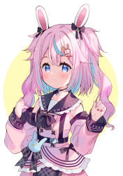 Rule 34 | 1girl, animal ears, black bow, black choker, black sailor collar, blue eyes, blue hair, blush, bow, choker, closed mouth, commentary request, crescent, crescent choker, detached sleeves, hair between eyes, hair bow, hair ornament, hairclip, hands up, highres, indie virtual youtuber, long sleeves, looking at viewer, meito (maze), mitsuki shio, multicolored hair, pink hair, pink shirt, pink sleeves, rabbit ears, rabbit hair ornament, sailor collar, shirt, sleeveless, sleeveless shirt, smile, solo, streaked hair, two-tone background, two side up, virtual youtuber, white background, x hair ornament, yellow background
