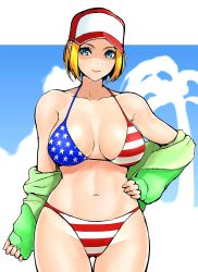 Rule 34 | 1girl, american flag bikini, anagumasan, baseball cap, bikini, blonde hair, blue eyes, blue mary, blue sky, breasts, cowboy shot, day, fatal fury, flag print, green jacket, hand on own hip, hat, highres, jacket, large breasts, looking at viewer, navel, pink lips, short hair, sky, smile, snk, solo, standing, swimsuit, the king of fighters
