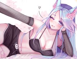 Rule 34 | 1girl, absurdres, animal ears, artist name, black shirt, black shorts, blue eyes, blue hair, blush, breasts, chaisia art, cherry blossoms, cleavage, commentary, detached sleeves, english commentary, fang, fishnet sleeves, fishnets, hand on own cheek, hand on own face, heart, highres, large breasts, long hair, looking at viewer, multicolored hair, navel, one eye closed, open mouth, pink hair, shirt, shorts, silvervale, skin fang, thigh strap, virtual youtuber, vshojo, wolf ears, wolf girl