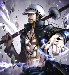 Rule 34 | 1boy, dressrosa, earrings, fighting stance, hat, highres, jacket, jewelry, magic, male focus, one piece, ootachi, open clothes, open shirt, sheath, sheathed, shirt, sword, tattoo, trafalgar law, weapon, yellow eyes