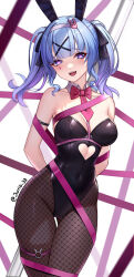 Rule 34 | 1girl, :d, alternate costume, animal ears, armlet, arms behind back, artist name, bare shoulders, belt, black leotard, black pantyhose, blue hair, blush, bound, bow, bowtie, breasts, cleavage, clothing cutout, commentary, covered navel, cutout above navel, detached collar, english commentary, engrish commentary, fake animal ears, fishnet pantyhose, fishnets, gluteal fold, gradient hair, hair ornament, hair ribbon, hairband, hairclip, hatsune miku, heart, heart-shaped pupils, heart cutout, highleg, highleg leotard, highres, jurrig, leotard, looking at viewer, medium breasts, medium hair, mixed-language commentary, multicolored hair, necktie, open mouth, pantyhose, playboy bunny, purple eyes, purple hair, purple hairband, purple ribbon, rabbit ears, rabbit hair ornament, rabbit hole (vocaloid), ribbon, short twintails, sidelocks, skindentation, smile, solo, standing, strapless, strapless leotard, symbol-shaped pupils, teardrop facial mark, thigh gap, thigh strap, thighs, tied up (nonsexual), twintails, vocaloid, white background, x hair ornament